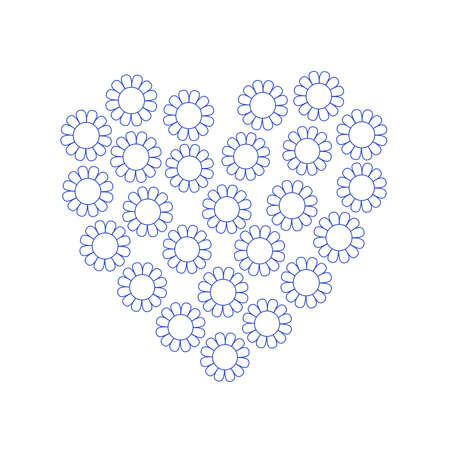Simple vector floral illustration of a heart shape filled with outline blue fancy flowers, suitable for greeting cards and invitations for holiday eventのイラスト素材