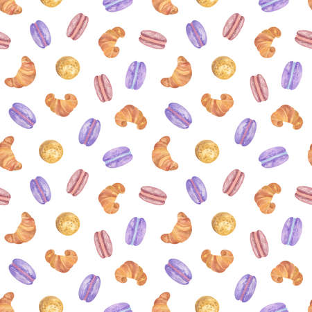 Repeat pattern of watercolor croissants and lavender macaroons simple seamless ornament of symbol of French Provence region, summer and vacation design gift paperの写真素材