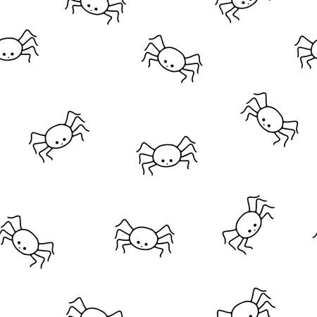 Little outline spider with emotions repeat pattern vector illustration, cute spooky simple character black and white seamless ornament for Halloween holiday celebrationsのイラスト素材