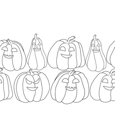 Pumpkins with funny faces horizontal border hand drawn outline doodle vector illustration, simple food sketch, clipart for Halloween celebration, autumn holidays designのイラスト素材