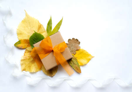 Autumn floral arrangement, composition with decorative pumpkins and fall yellow tree leaves and white transparent curly ribbon template for Thanksgiving and fall holidays, conceptual flat lay top viewの写真素材