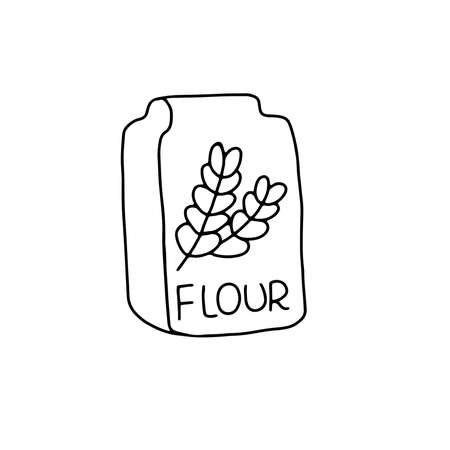 Outline vector hand drawn illustration of waffle-iron, milk jar, butter, sugar-bowl, book of recipes, flour, simple pattern for cooking and homemade pastryのイラスト素材