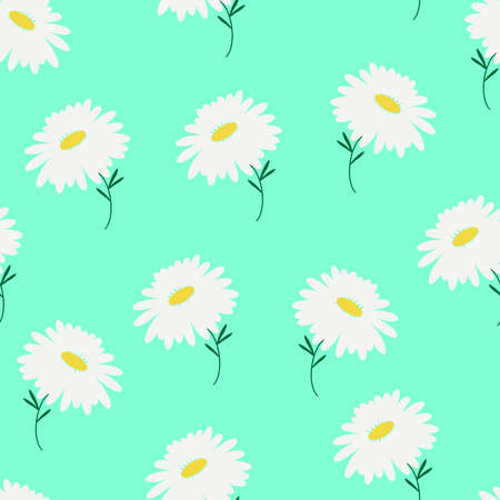Repeat pattern of white ox-eye daisy flowers and green leaves on the trendy aqua menthe background, vector simple illustration, can be used for making textile, stationary, home decorのイラスト素材