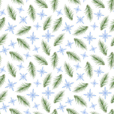 Snowflake, fir tree branch seamless pattern Christmas winter holidays hand drawn symbol of end of the year family celebration, festive mood simple pattern, invitation, repeat ornament for printの写真素材