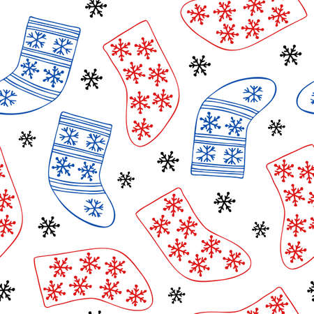 Christmas stocking seamless pattern simple hand drawn in doodle style vector outline illustration for greeting cards, textile, gift paper, family gatherings winter holidays, wintertime festive periodのイラスト素材