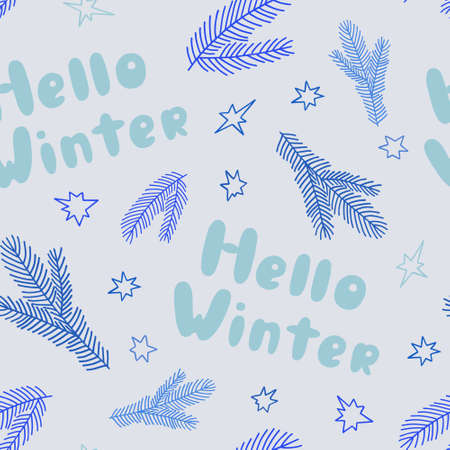 Repeat pattern Christmas floral composition with Hello winter phrase in simple hand drawn cartoon style for greeting cards, invitations, banner vector illustrationのイラスト素材