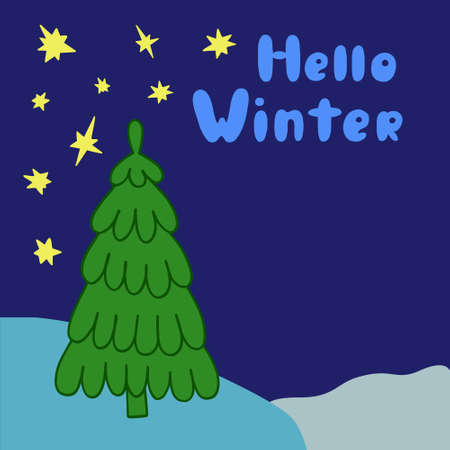 Christmas floral composition with green fir tree andyellow stars in simple hand drawn doodle style for greeting cards, invitations, banner vector illustrationのイラスト素材