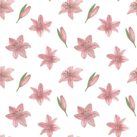 Delicate dusky pink lily flowers seamless pattern, hand drawn watercolor illustration garden plant simple drawing for greeting cards, invitations, textile, fabricの写真素材