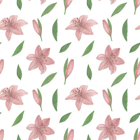 Delicate dusky pink lily flowers seamless pattern, hand drawn watercolor illustration garden plant simple drawing for greeting cards, invitations, textile, fabricの写真素材