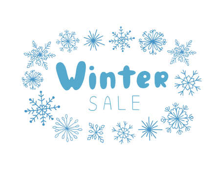 Floral Winter sale lettering arrangement with light blue snowflakes, simple doodle linear hand drawn vector EPS 10 illustration minimalist concept, seasonal sales banner, poster, bookletsのイラスト素材