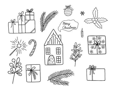Christmas elements set hand drawn in doodle style simple image for greeting cards, banners, winter holidays decorのイラスト素材