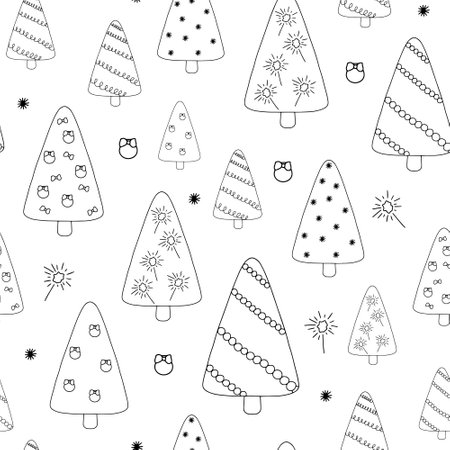 Christmas tree hand drawn doodle style seamless vector pattern, minimalist illustration, winter holiday decor, happy holidays celebration, family gatherings celebration symbol, festive mood patternのイラスト素材
