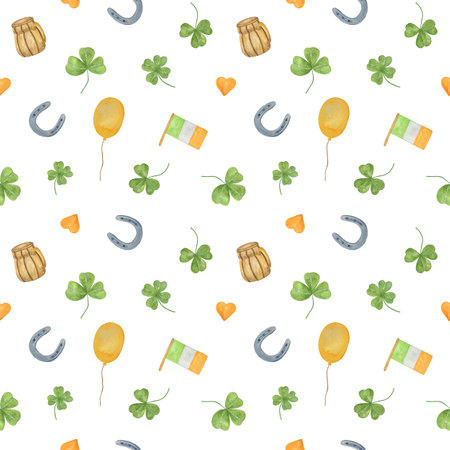 Horseshoe, beer mug, balloon, shamrock plant leaves repeat pattern, symbolic decoration for national Irish holiday St Patrick's day, symbolizes luck and traditions, hand drawn watercolor illustrationの写真素材