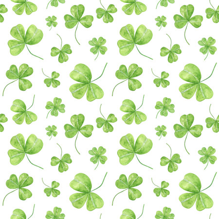 Shamrock leaves seamless pattern, a symbol of luck in Ireland and its spring holiday, St Patrick's day, seasonal watercolor illustration, vintage and romantic style used for postcardsの写真素材