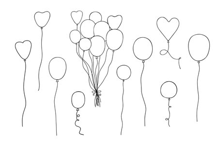 Balloons set with ribbons vector illustration in simple outline hand drawn style for St Valentine love and emotions holiday party accessories, family celebrations decorのイラスト素材