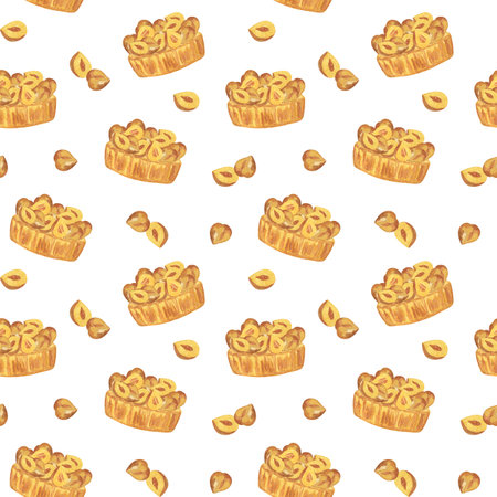 Hazelnut cake with nuts on top of it seamless pattern, hand drawn delicious watercolor dessert food illustration for menu, greeting card, banner, holiday celebrations design, simple ornamentの写真素材