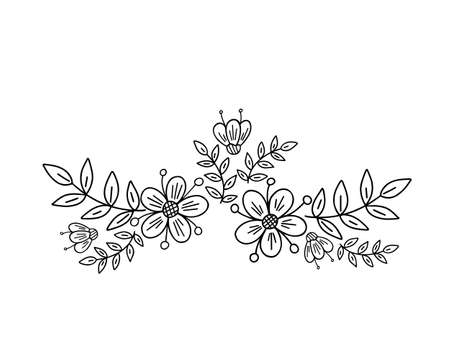 Fancy flowers arrangement, leaves simple vector minimalist concept outline illustration, thin line hand drawn floral ornament for invitations, greeting cards, banner, booklet designのイラスト素材