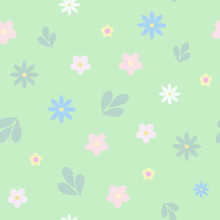 Floral seamless pattern, simple ornament of white daisy flowers in random order on the light green background, repeat vector illustration for textile, gift paperのイラスト素材