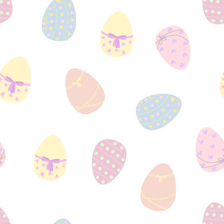 Easter holiday symbol colorful decorated eggs in pastel tones seamless pattern, flat style vector illustration for spring festive time decor, greeting cards, gift paper, banners, web designのイラスト素材