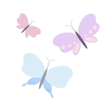 Fancy little pastel-colored butterflies in simple flat style vector illustration, symbol of spring, Easter holidays celebration decor, clipart for cards, banner, springtime decorationのイラスト素材