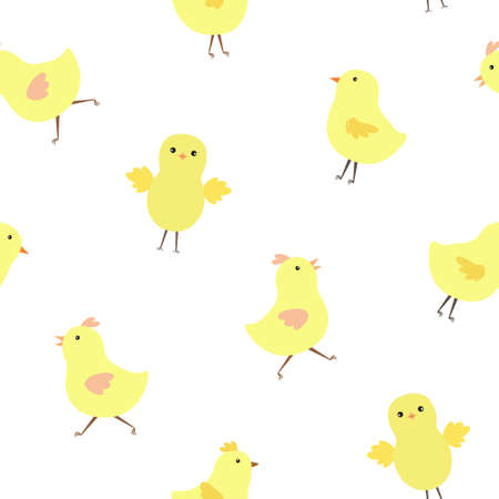 Little cute Easter chicken seamless pattern, funny yellow flat style cartoon character vector illustration, symbol of festive springtime period for textile, banner, Easter decorのイラスト素材
