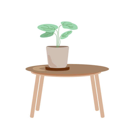 Green homeplant in a trendy clay flowerpot on the wooden table hand drawn in simple style botanical vector illustration, symbol of comfort and cozy home, eco-friendly conceptのイラスト素材