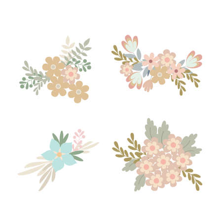 Floral arrangement set of simple pastel-colored flowers in flat style vector illustration, symbol of spring, cozy home, Easter holidays celebration decor, clipart for cards, bohemian springtimeのイラスト素材