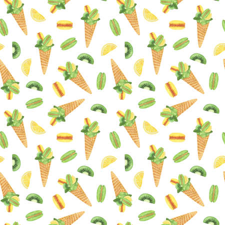 Kiwi ice cream, fruit, lemon slices, macaroons seamless watercolor hand drawn pattern, illustration...