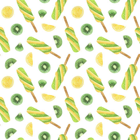 Kiwi ice cream, fruit and lemon slices seamless watercolor hand drawn pattern, illustration repeat...