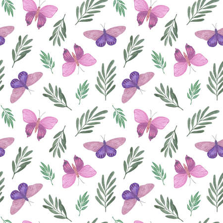 Violet, pink butterflies, green leaves seamless pattern in diagonal order, watercolor illustration simple hand drawn illustration for textile, gift paper, spring holiday decorの写真素材