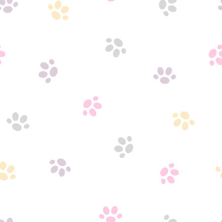Simple cat paw prints seamless pattern vector illustration, domestic pet cute traces, pastel colored shapeのイラスト素材