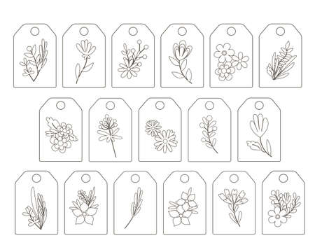 Outline boho simple flowers gift tags labels set, hand drawn doodle style floral vector illustration for craft, handmade gifts, bohemian springtime decorationのイラスト素材