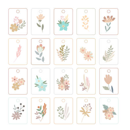 Pastel-colored rectangular boho simple flowers highlight labels set, flat style floral vector illustration for craft, handmade gifts, social media designのイラスト素材