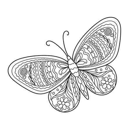 Butterfly simple hand drawn outline vector black and white illustration, coloring page for relax and meditationのイラスト素材