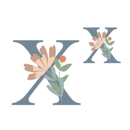 Letters of alphabet decorated with flowers, floral monogram vector illustration in simple boho style, flat pastel colored decorative letteringのイラスト素材