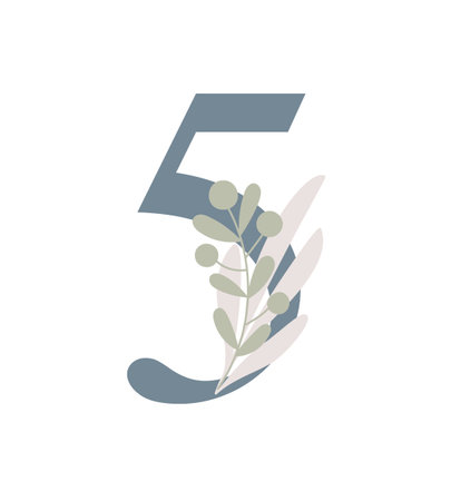 Number decorated with flowers, floral monogram vector illustration in simple boho style, flat pastel colored decorative lettering collectionのイラスト素材
