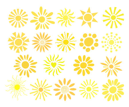 Simple suns set vector flat illustration, cute summer image for making cards, decor, vacation concept and holiday design for childrenのイラスト素材