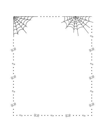 Spider web, polka dots and little spiders frame simple hand drawn vector outline illustration of doodle fancy Halloween scary decor elements, perfect for Halloween party, cartoon spooky characterのイラスト素材