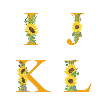 ABC, Letters of alphabet decorated with sunflowers and leaves, floral monogram watercolor illustration in simple hand painted style, summer flowers decorative letteringの写真素材