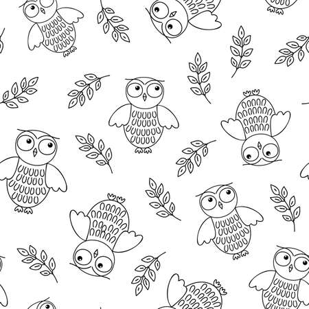 Cute doodle owl and tree branch with leaves seamless pattern, simple outline hand drawn vector black and white forest bird illustration, repeat ornament for textile, gift paperのイラスト素材