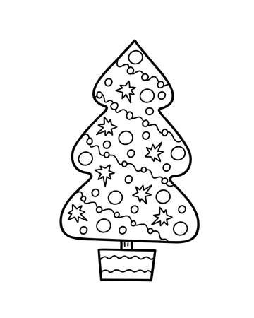 Decorated Christmas tree simple hand drawn doodle vector outline illustration for coloring book wintertime happy holidays celebration, greeting card, invitation, posterのイラスト素材