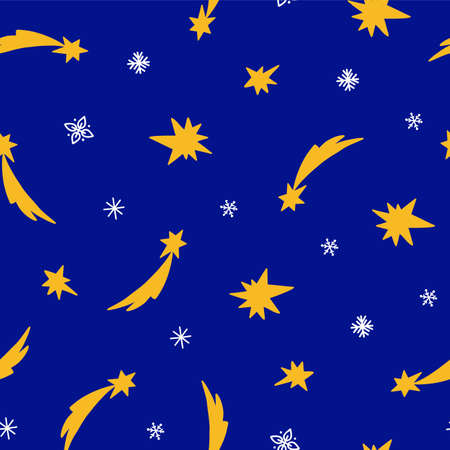 Shooting star and snowflakes simple doodle linear hand drawn minimalist repeat vector pattern,...
