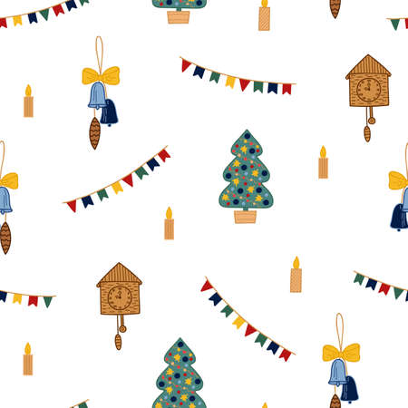 Decorated Christmas tree, cuckoo clock, bunting, candles seamless pattern simple hand drawn vector cartoon illustration for festive wintertime happy holidays celebration decor, textile, wrapping paperのイラスト素材