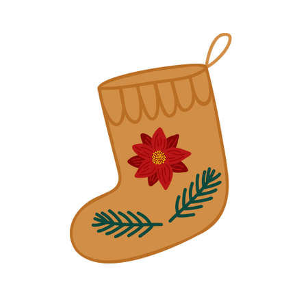 Christmas decorated stocking for gifts flat style doodle vector illustration, Merry Christmas and Happy New Year festive holiday decor, clipart for poster, greeting card, stickerのイラスト素材