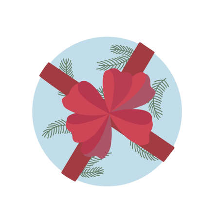 Christmas gift box with ribbon and bow vector illustration, Merry Christmas and Happy New Year festive traditional winter holiday decor, ornament for poster, greeting card, stickerのイラスト素材