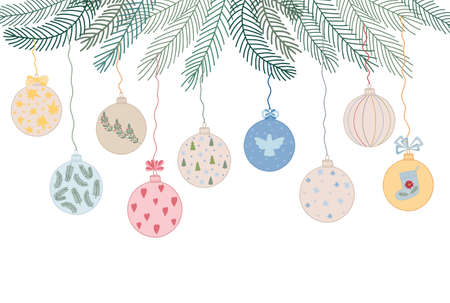 Christmas tree decorations garland, baubles hanging on ribbons on fir tree branches, winter holidays vector illustration, Merry Christmas decor elements for seasons greetings, invitations, textileのイラスト素材