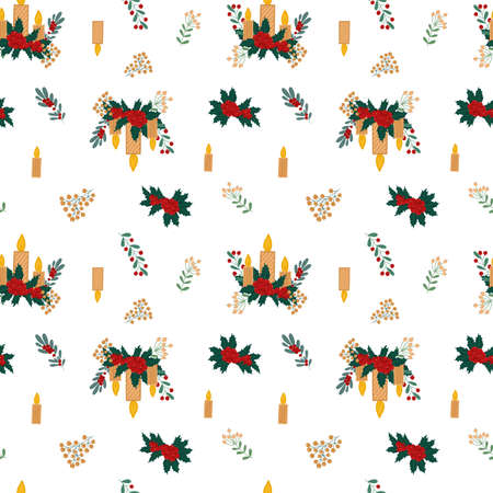 Christmas plants, holly with red berries and yellow candles arrangement seamless pattern vector illustration, winter holidays repeat ornament, festive period celebration decor for textile, gift paperのイラスト素材