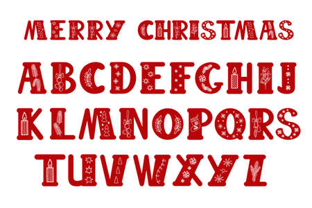 Capital red decorated hand drawn letters of English alphabet Christmas doodle style vector illustration, calligraphic abc, cute funny handwriting, cartoon and letteringのイラスト素材