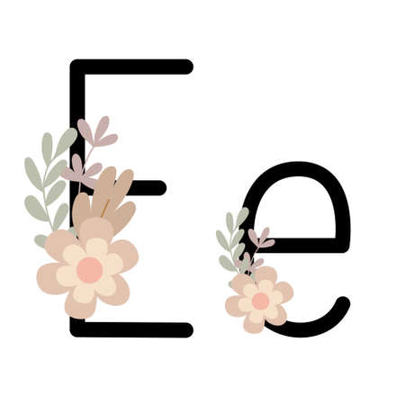 Letter E of English, Latin alphabet uppercase, lowercase decorated with flowers, floral monogram vector illustration in simple boho style, flat pastel colored decorative letteringのイラスト素材