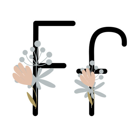 Letter F of English, Latin alphabet uppercase, lowercase decorated with flowers, floral monogram vector illustration in simple boho style, flat pastel colored decorative letteringのイラスト素材